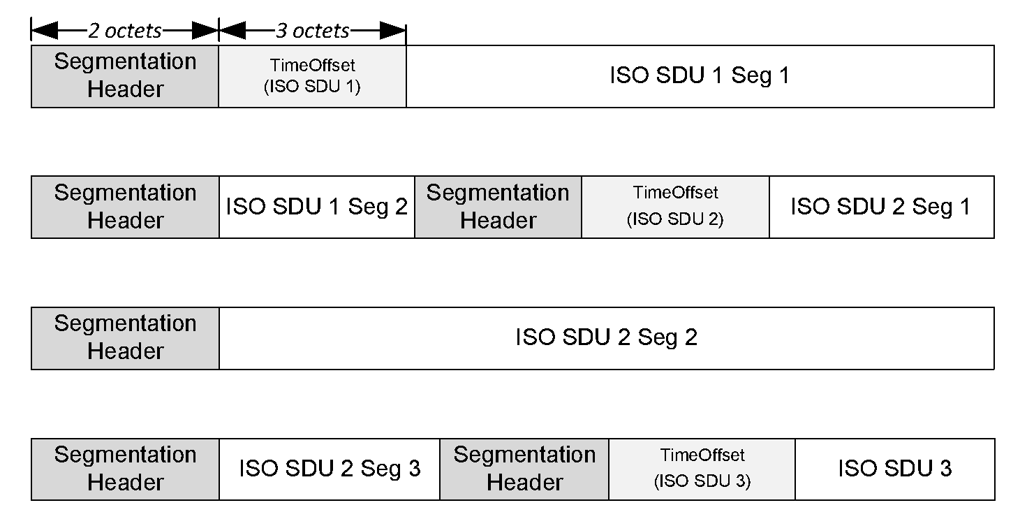 Examples of ISO data PDU payload fields with one or more segments