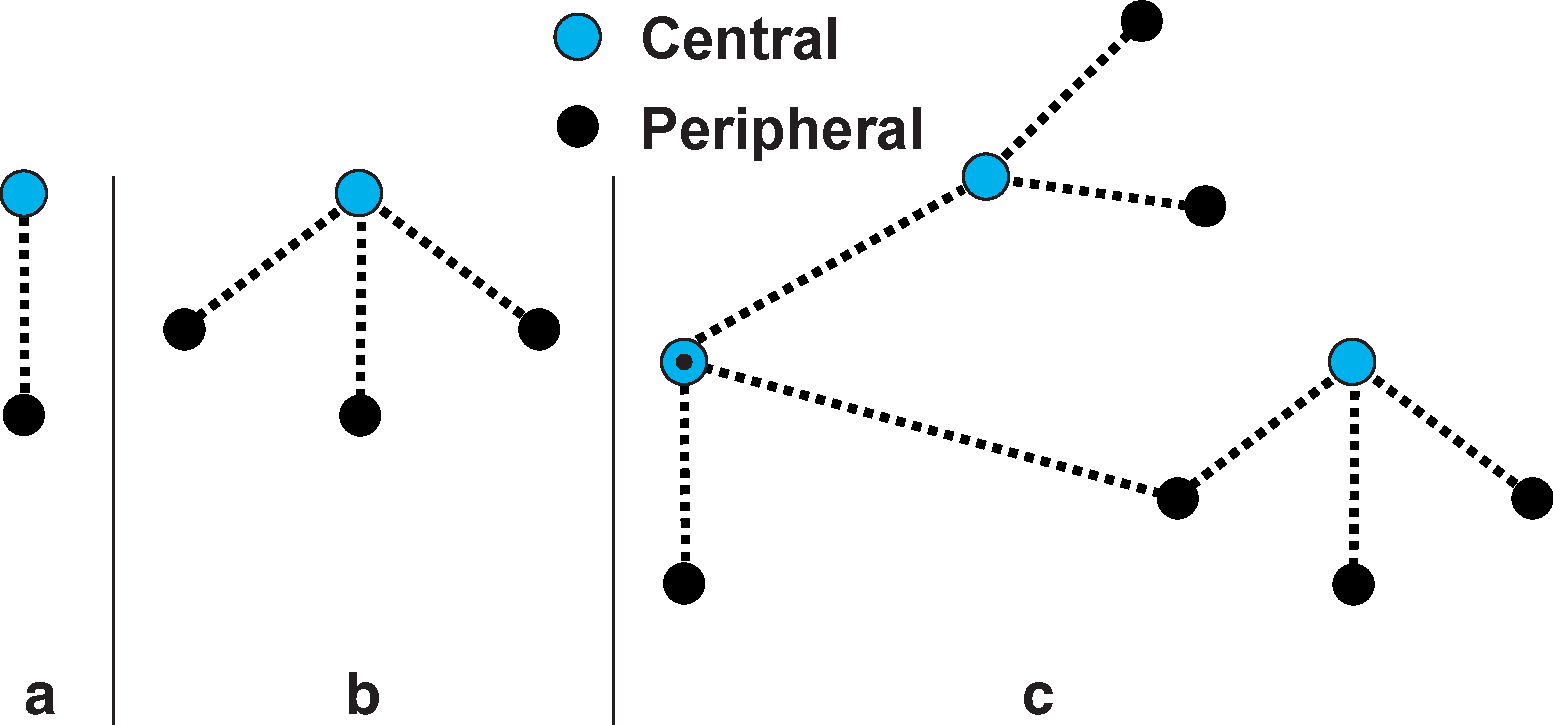 Piconets with a single Peripheral operation (a), a multi-Peripheral operation (b) and a scatternet operation (c)